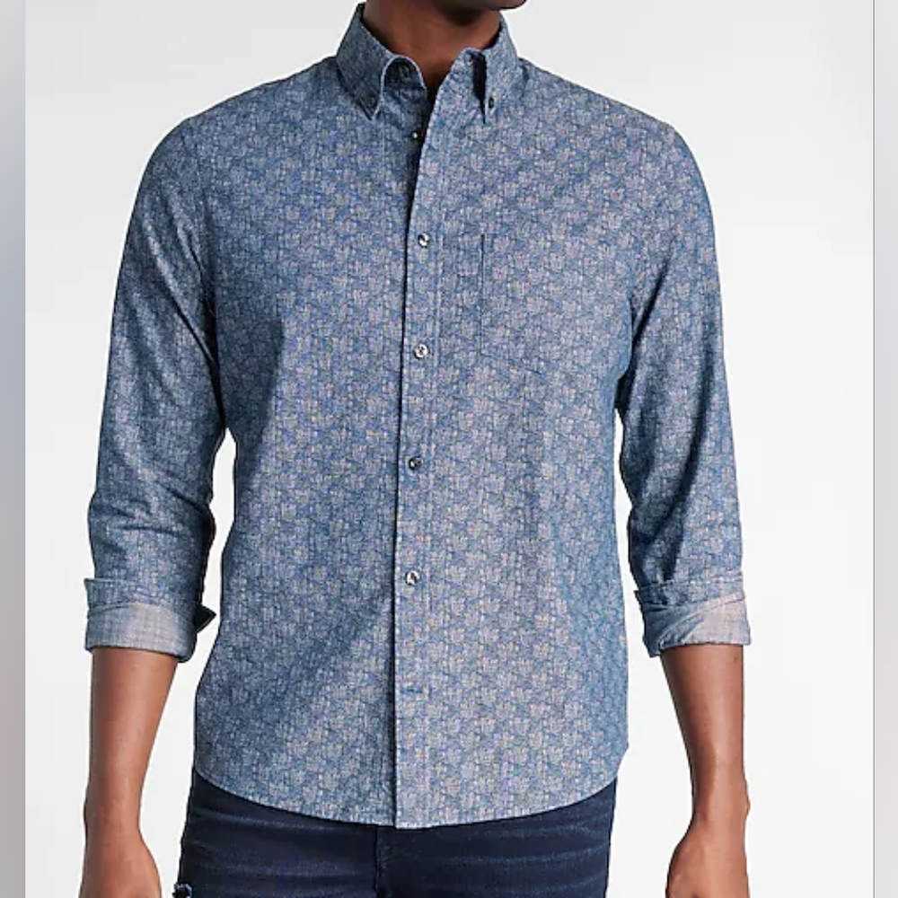 Men's Denim Slim Floral Denim Shirt XL Express Button-Up Long Sleeve